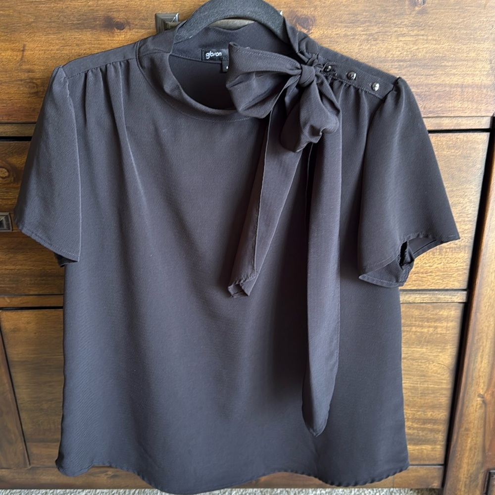 Gibson satin like blouse with bow detail at mock neck